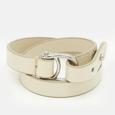 Aigner Logo Leather Silver Tone Wrap Bracelet In White
