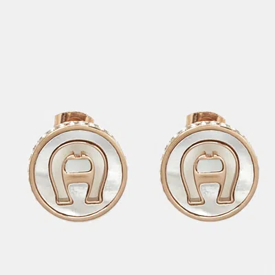 Pre-owned Aigner Logo Mother Of Pearl Crystals Rose Gold Tone Earrings