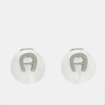 Pre-owned Aigner Logo Mother Of Pearl Silver Tone Earrings