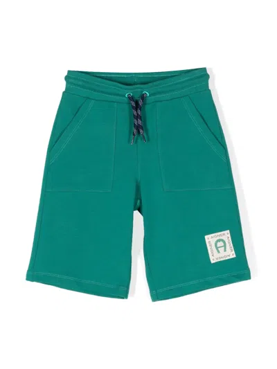 Aigner Kids' Logo-patch Stretch-cotton Bermuda Shorts In Green