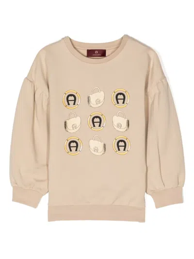 Aigner Kids' Logo-print Crew-neck Sweatshirt In Brown
