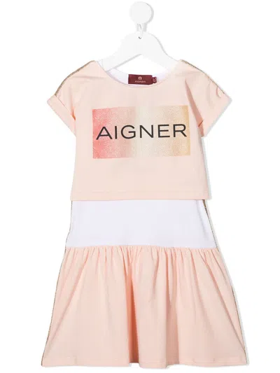 Aigner Kids' Logo Print Short-sleeve Dress In Pink