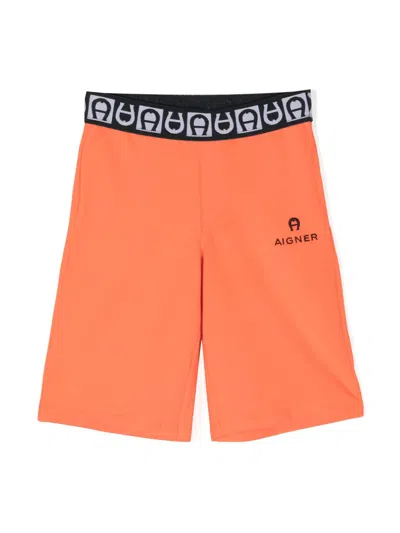 Aigner Logo-waistband Stretch-cotton Bermuda Shorts In 橘色