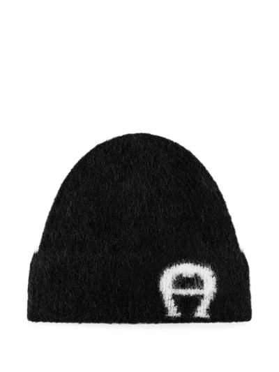 Aigner Logo-intarsia Brushed-knit Beanie Hat In Black