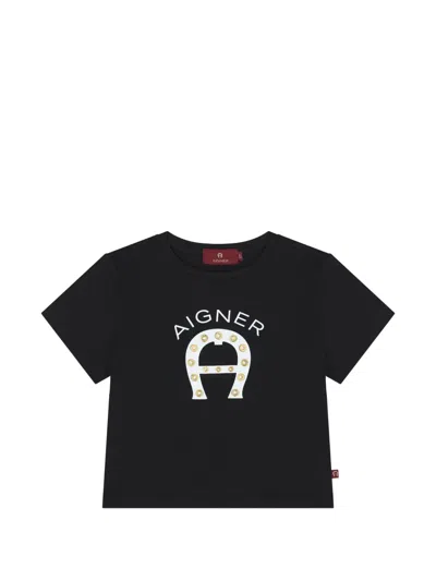 Aigner Kids' Logo-print Eyelet-embellished T-shirt In Black
