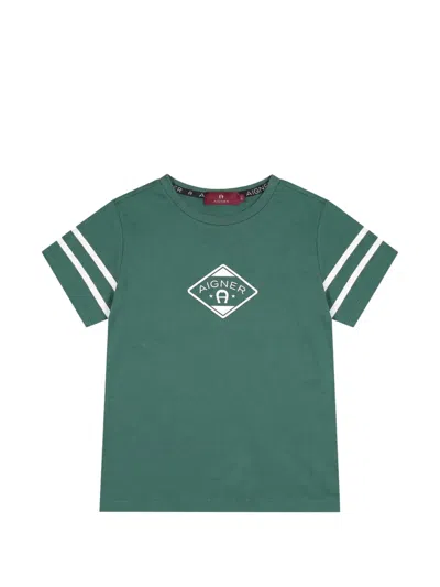 Aigner Kids' Logo-print Striped-sleeve T-shirt In Green