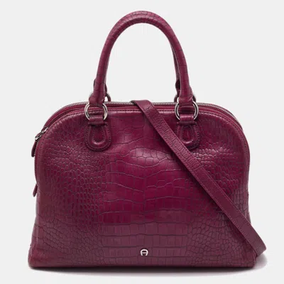 Pre-owned Aigner Magenta Croc Embossed Leather Double Zip Satchel In Pink