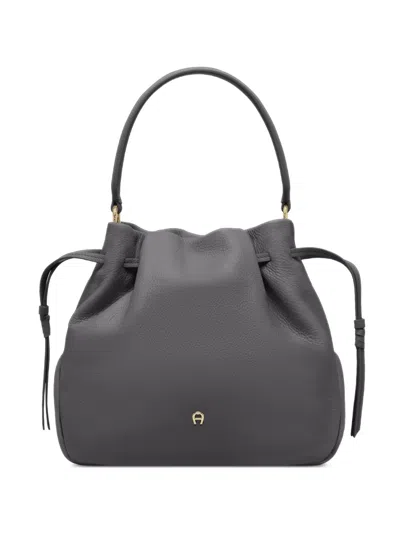 Aigner Medium Paola Drawstring Grained-leather Bucket Bag In Gray