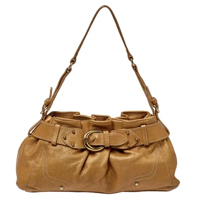 Aigner Metallic Beige Pleated Leather Satchel In Brown