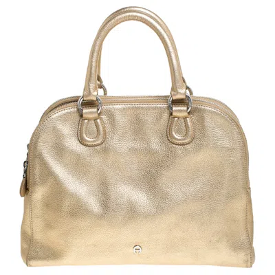 Aigner Metallic Gold Leather Satchel In Beige