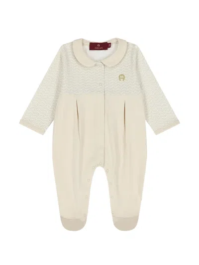 Aigner Babies' Monogram-print Pleated Romper In Neutrals