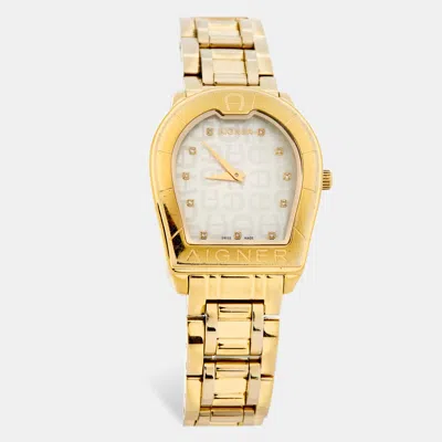 Pre-owned Aigner Mother Of Pearl Gold Plated Stainless Steel Verona A48100 Women's Wristwatch 33 Mm In White