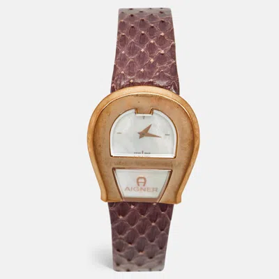 Pre-owned Aigner Mother Of Pearl Rose Gold Plated Stainless Steel Leather Venezia A39200 Women's Wristwatch 36 Mm In White