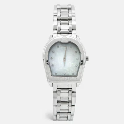 Pre-owned Aigner Mother Of Pearl Stainless Steel Verona A48100 Women's Wristwatch 33 Mm In White