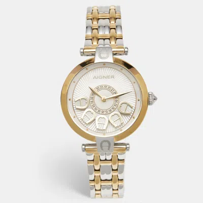 Pre-owned Aigner Mother Of Pearl Two-tone Stainless Steel Florence A129200 Women's Wristwatch 34 Mm