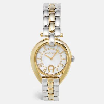 Pre-owned Aigner Mother Of Pearl Two-tone Stainless Steel Imperia A49300 Women's Wristwatch 35 Mm