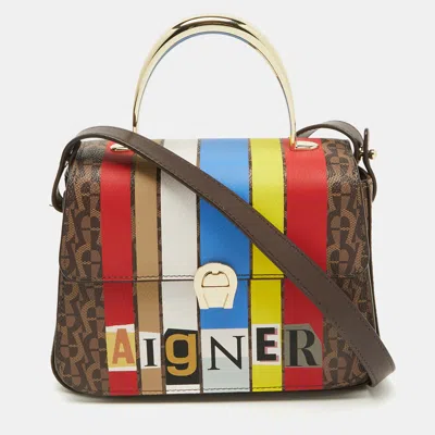 Pre-owned Aigner Multicolor Signature Coated Canvas Flap Shoulder Bag In Brown