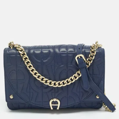 Pre-owned Aigner Navy Blue Embossed Leather Diadora S Crossbody Bag