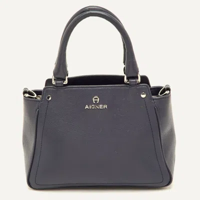 Aigner Navy Blue Leather Top Zip Satchel