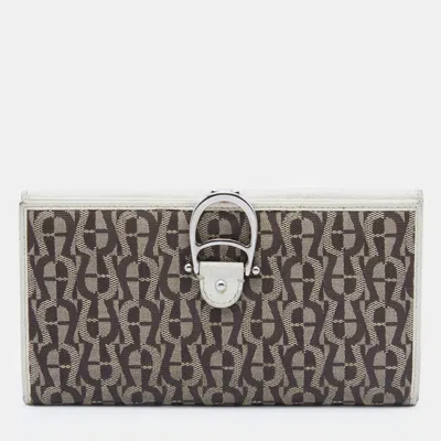 Aigner Off White/brown Leather And Signature Canvas Continental Wallet