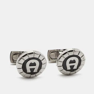 Pre-owned Aigner Oseo Carbon Fiber Silver Tone Cufflinks