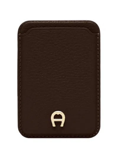 Aigner Paola Logo-plaque Grained Leather Cardholder In Brown