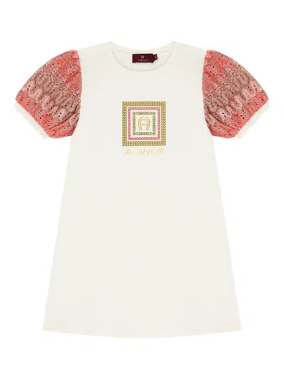 Aigner Kids' Printed Crochet-sleeves Dress In White