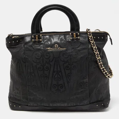 Aigner Printed Leather Studded Top Zip Tote In Black
