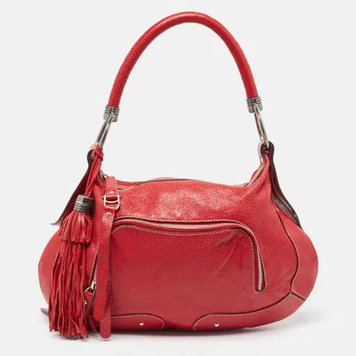 Pre-owned Aigner Red Shimer Leather Tassel Pocket Hobo