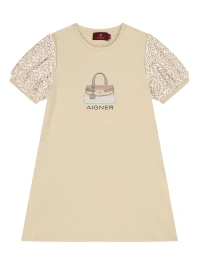 Aigner Kids' Sequin-embellished Bag Logo Casual Dress In Brown