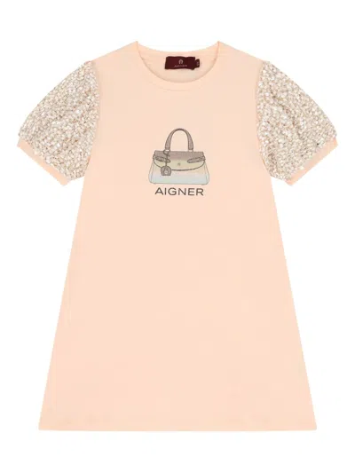 Aigner Kids' Sequin-embellished Bag Logo Casual Dress In Pink