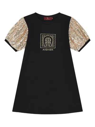 Aigner Kids' Sequin-embellished Puff-sleeve Dress In Black