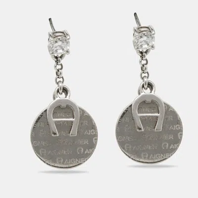 Aigner Silver Tone Crystal Detail Drop Earrings In Metallic