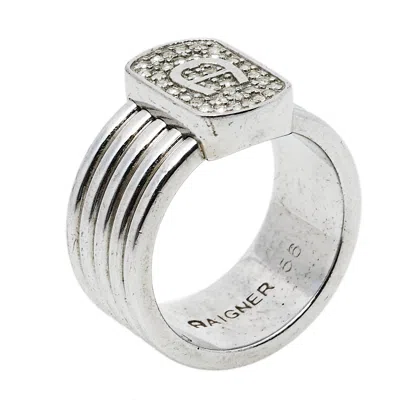 Pre-owned Aigner Silver Tone Crystal Logo Band Ring Size Eu 56