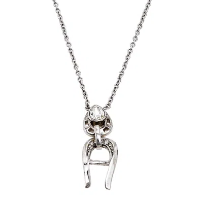 Aigner Silver Tone Crystal Logo Drop Pendant Necklace In Metallic
