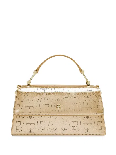 Aigner Small Delia Lucida Perforated Calf Leather Shoulder Bag In Gold