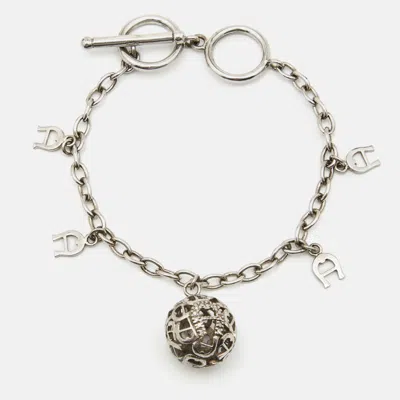 Aigner Sterling Silver Crystal Logo Charm Bracelet