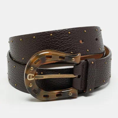 Pre-owned Aigner Studded 90 Cm Buckle Belt Dark Brown Leather