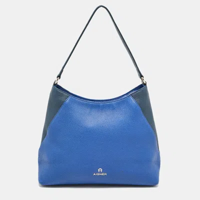 Pre-owned Aigner Two Tone Leather Logo Hobo In Blue