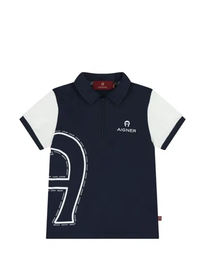 Aigner Kids' Two-tone Logo Polo Shirt In Blue