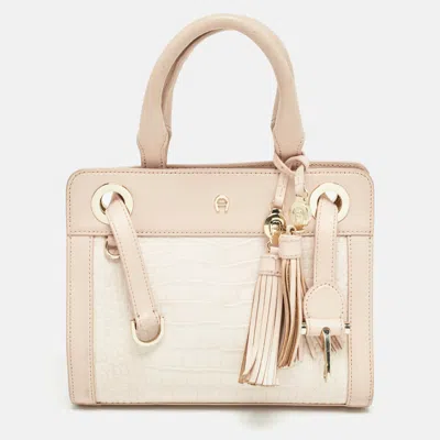Pre-owned Aigner Two Tone Pink Croc Embossed Leather Cavallina Tote