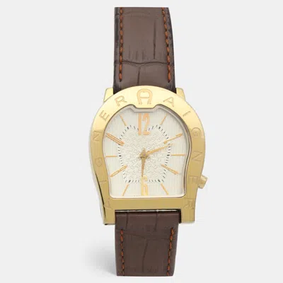 Pre-owned Aigner Verona Nuovo A22100 A22100 Stainless Steel Croc Embossed Leather Women's Wristwatch 33 Mm In Ivory