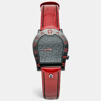 Pre-owned Aigner Verona Nuovo A22100 Black Dial Pvd Coated Stainless Steel Patent Leather Women's Wristwatch 33 Mm In Red