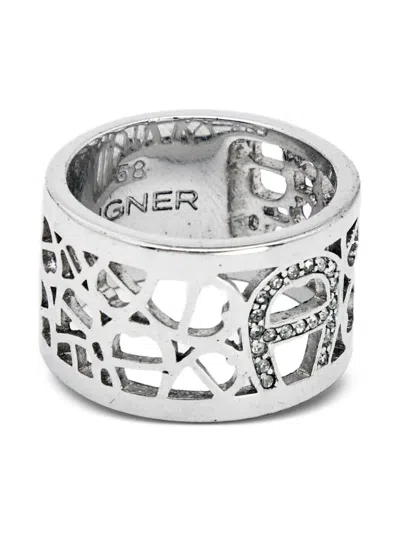 Pre-owned Aigner Vintage 2024 Crystal Logo Ring In Silver