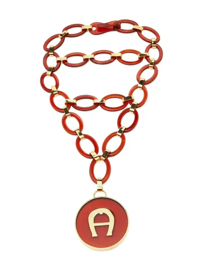 Pre-owned Aigner Vintage Chain-link Medallion Necklace In Red