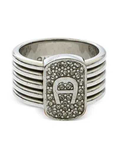 Pre-owned Aigner Vintage Crystal Logo Band Ring In Silver