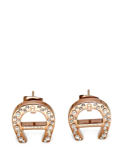 Pre-owned Aigner Vintage Crystal-embellishment Earrings In Gold