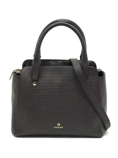 Pre-owned Aigner Vintage Cybill Textured-leather Tote Bag In Black