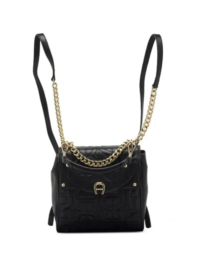 Pre-owned Aigner Vintage Diadora Logo-embroidered Leather Backpack In Black
