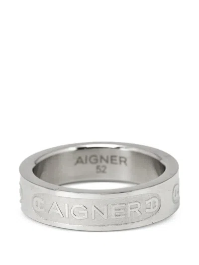 Pre-owned Aigner Vintage Embossed-logo Ring In Silver